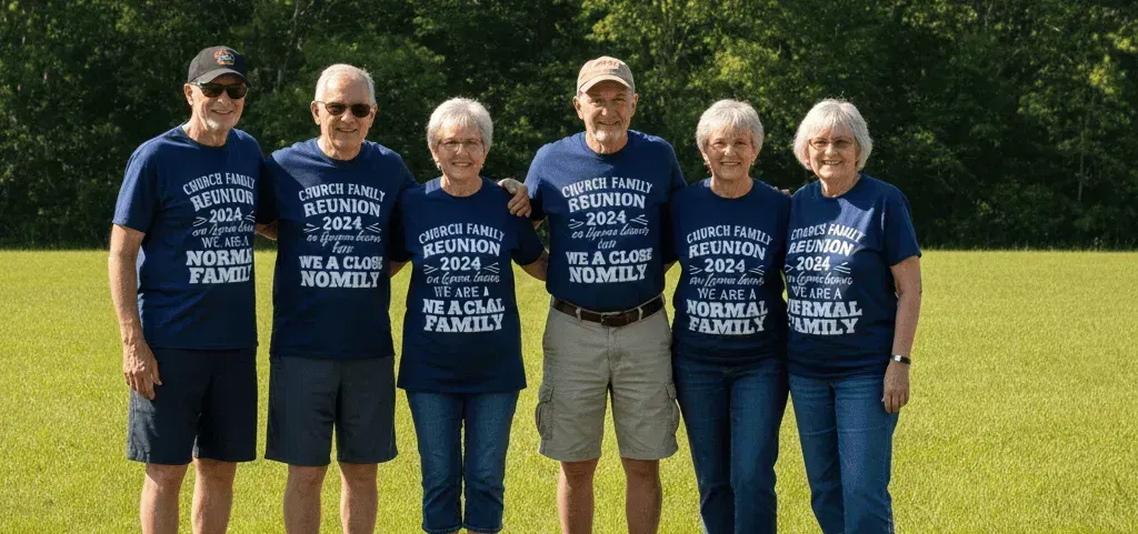 Family wearing their family reunion t-shirts from same day custom