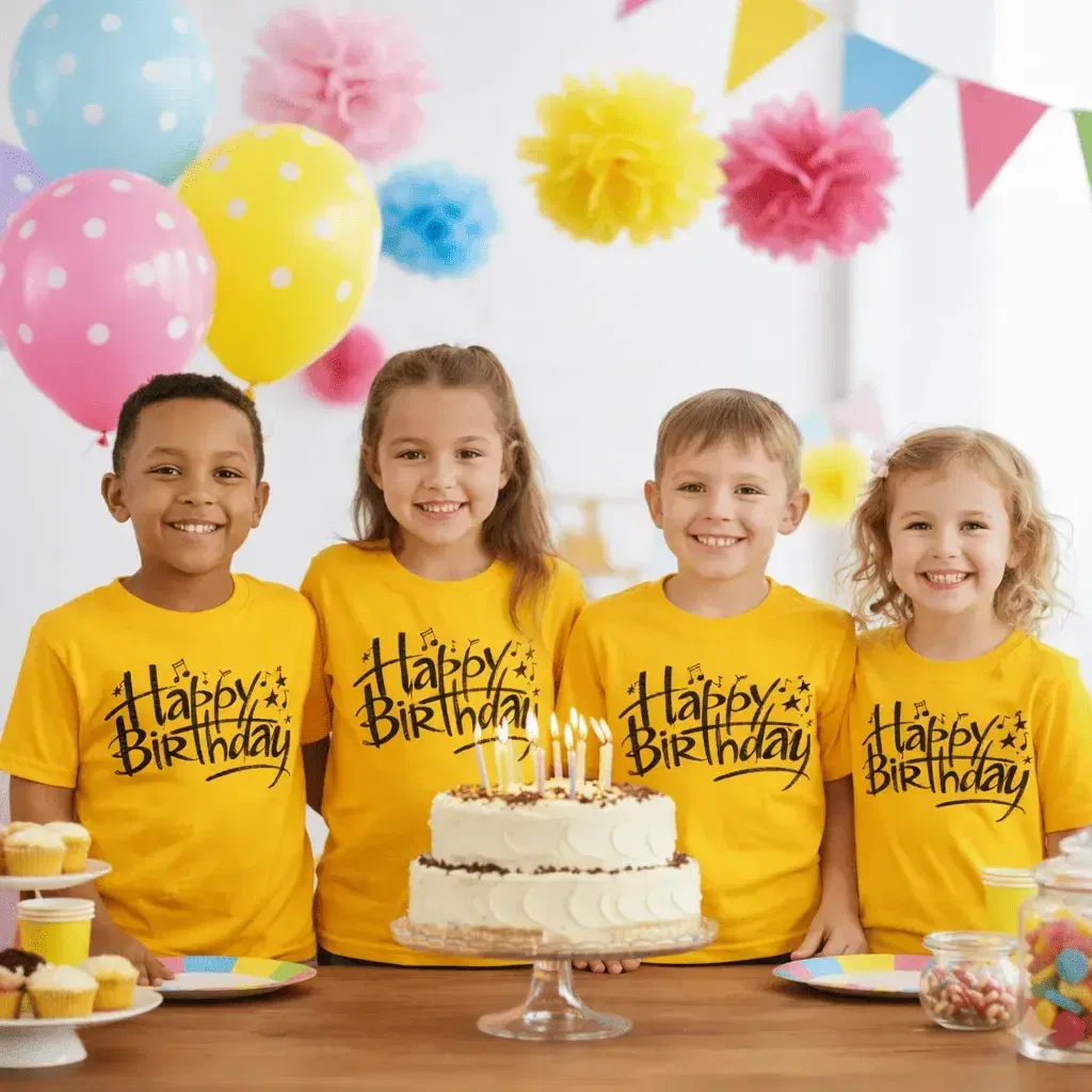 Children wearing their birthday custom shirts from Same Day Custom