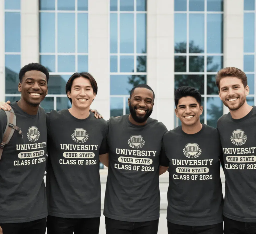 Group of friends that are wearing matching Custom College T-shirts