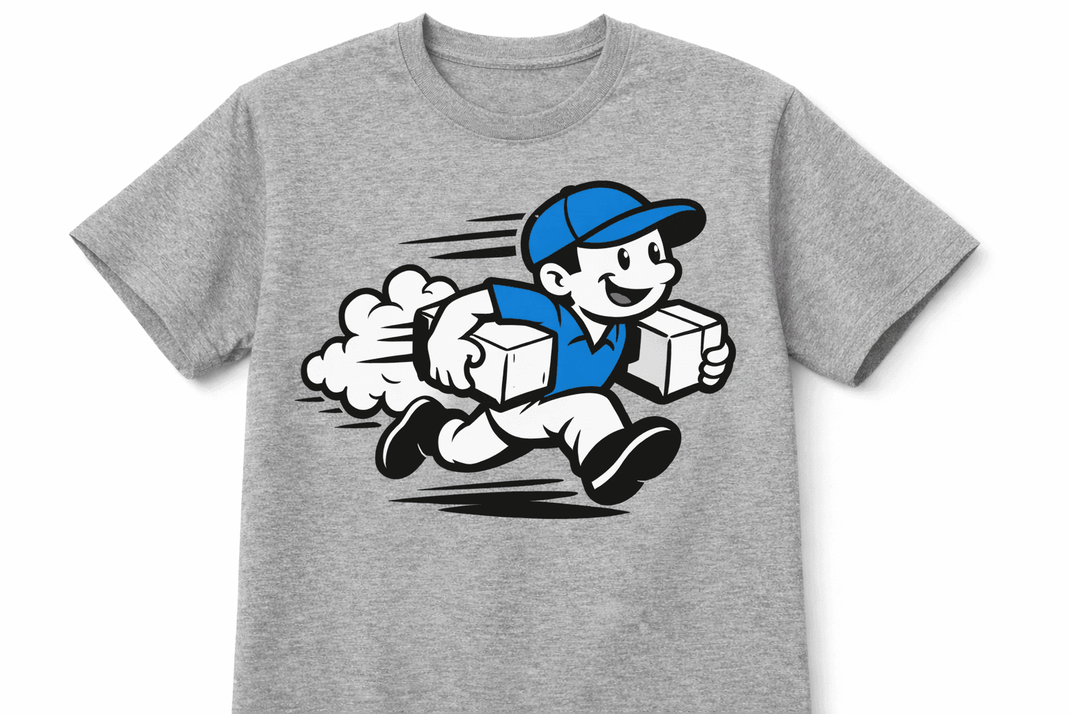 Grey t shirt with a Cartoon fast delivery man representing our next day shipping service