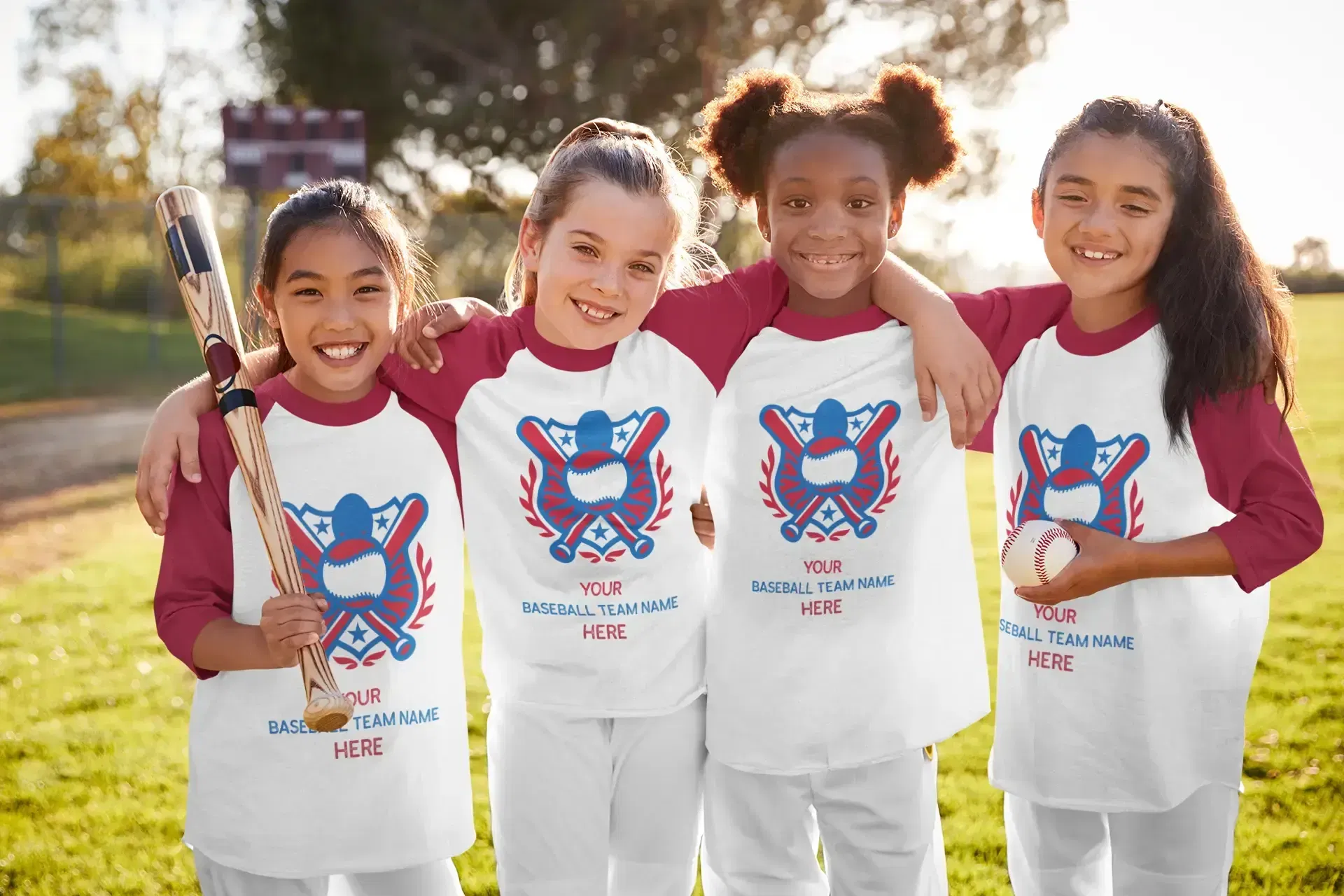 Kids wearing baseball team custom t-shirts, showing how your artwork can appear with same day custom shirts printed locally in Fairfax, Virginia