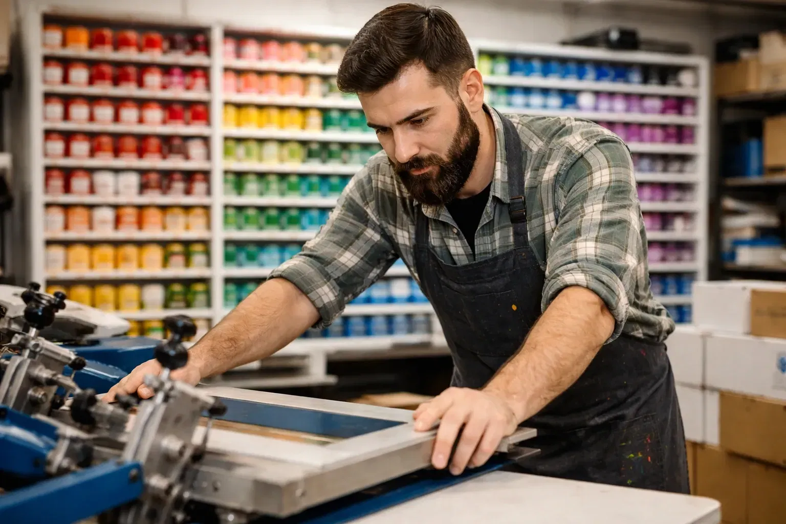 Man working at the print shop offering same day custom shirts printing