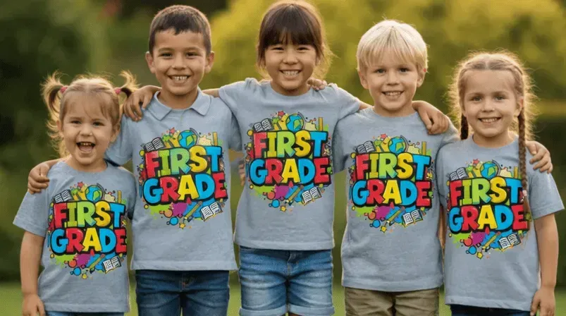 Group of kids wearing First Grade custom t-shirt
