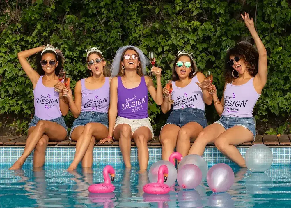 Design preview mockup of custom tank tops worn at a group event, showing how your design can appear for custom shirts printed same day in Memphis, Tennessee Design preview mockup of custom tank tops worn at a group event, showing how your design can appear for custom shirts printed same day in Memphis, Tennessee