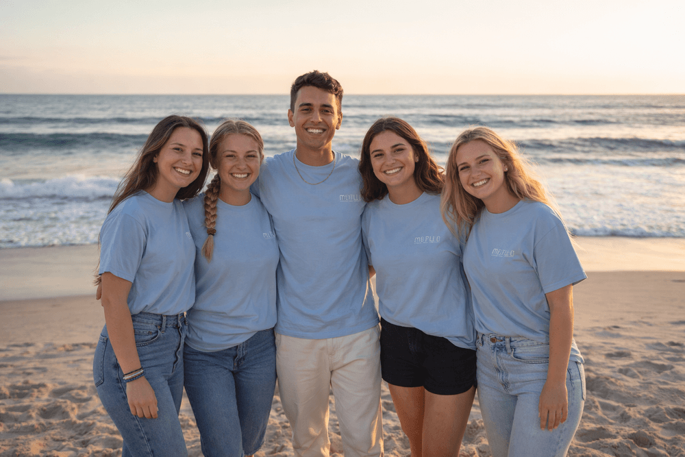 group of friends wearing our custom t-shirts on their trip to the beach delivered the next day - rush order group of friends wearing our custom t-shirts on their trip to the beach delivered the next day - rush order