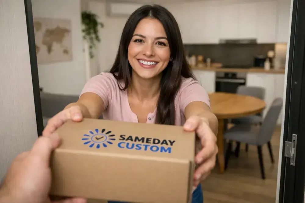 Woman receiving her Custom shirts order the same day Woman receiving her Custom shirts order the same day