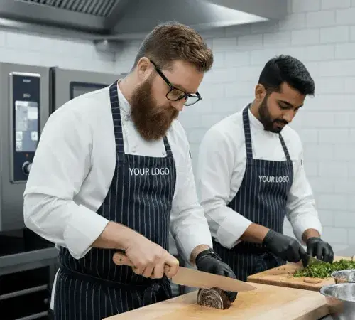 Chefs wearing customized kitchen aprons for kitchen teams and staff with logo Chefs wearing customized kitchen aprons for kitchen teams and staff with logo