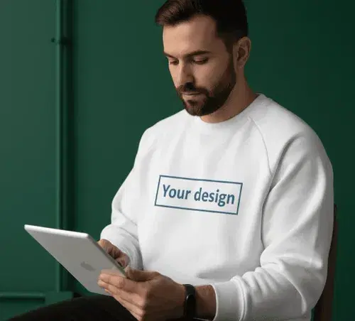 Man wearing a custom made sweatshirt with custom designed logo on Man wearing a custom made sweatshirt with custom designed logo on