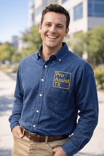 Man wearing blue shirt with custom embroidered Pro Assist TX logo Man wearing blue shirt with custom embroidered Pro Assist TX logo