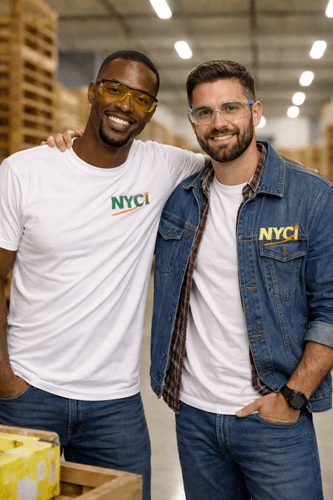 Two workers wearing custom embroidered logo t-shirts form SameDayCustom Two workers wearing custom embroidered logo t-shirts form SameDayCustom