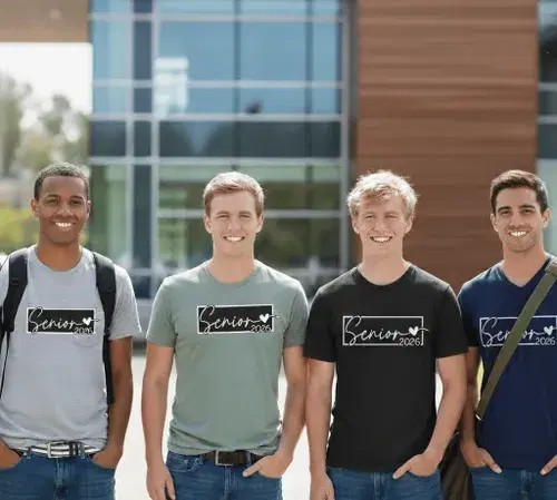 Group of friends wearing matching shirts from SameDayCustom with a Seniors customized design Group of friends wearing matching shirts from SameDayCustom with a Seniors customized design