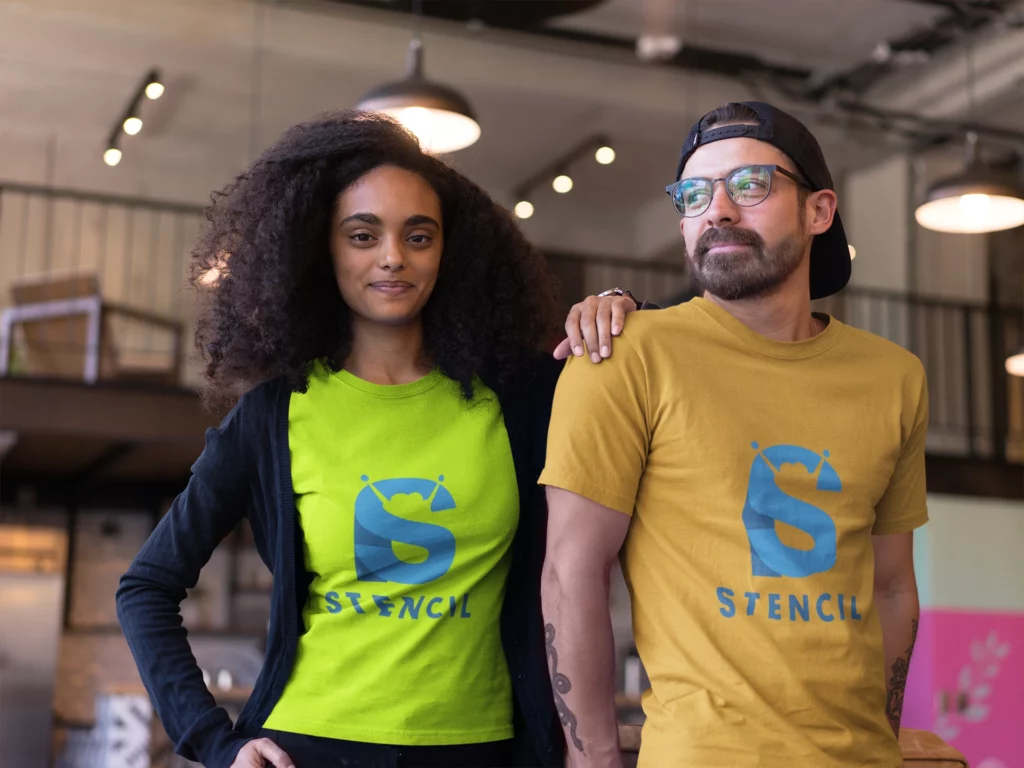 Employees rocking custom corporate swag made with custom ink by same day custom